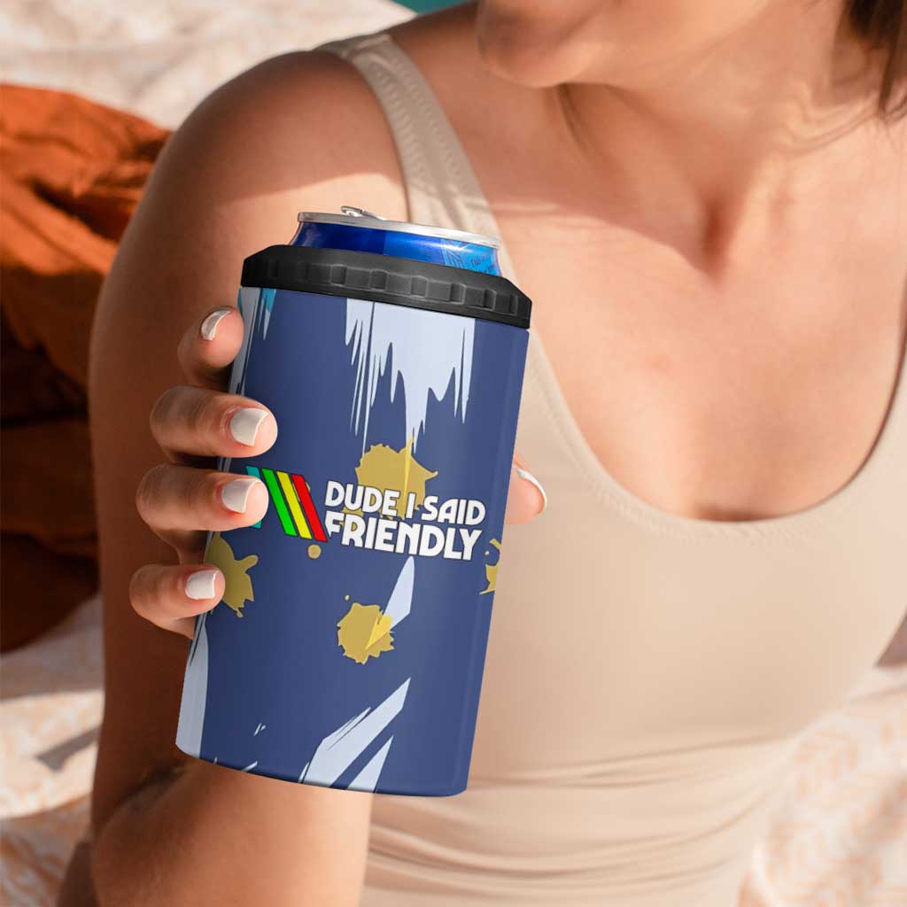 Dude I Said Friendly Graphic 4 in 1 Can Cooler Tumbler with Gold Paint Splatter and Retro Stripes