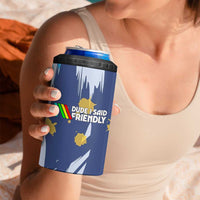Dude I Said Friendly Graphic 4 in 1 Can Cooler Tumbler with Gold Paint Splatter and Retro Stripes