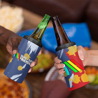 Dude I Said Friendly Graphic 4 in 1 Can Cooler Tumbler with Gold Paint Splatter and Retro Stripes