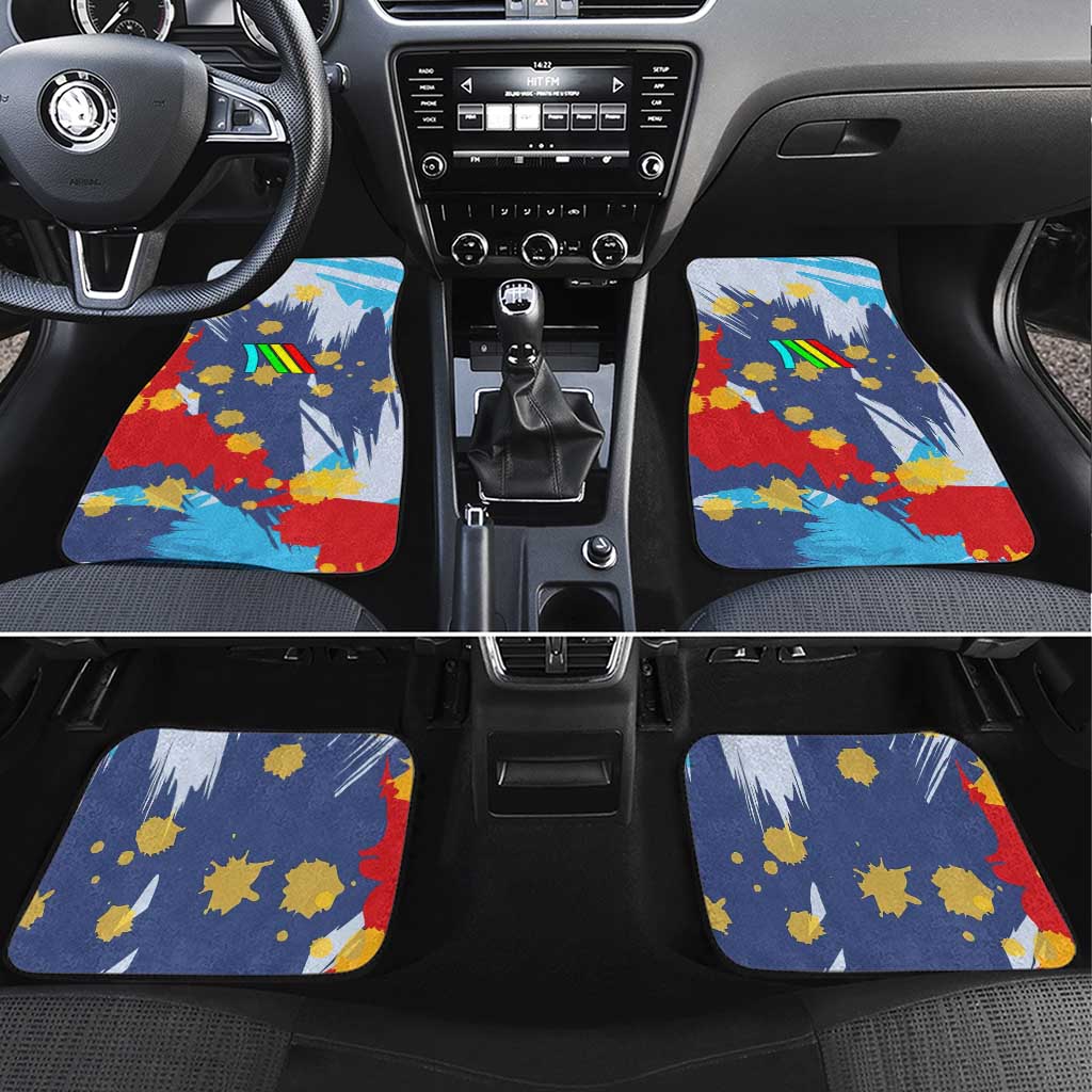 Dude I Said Friendly Graphic Car Mats with Gold Paint Splatter and Retro Stripes