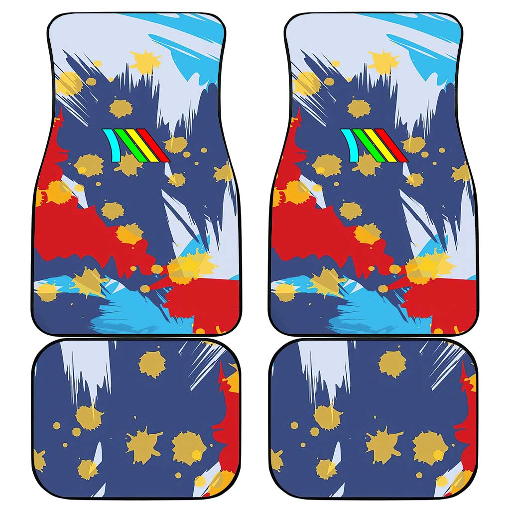 Dude I Said Friendly Graphic Car Mats with Gold Paint Splatter and Retro Stripes