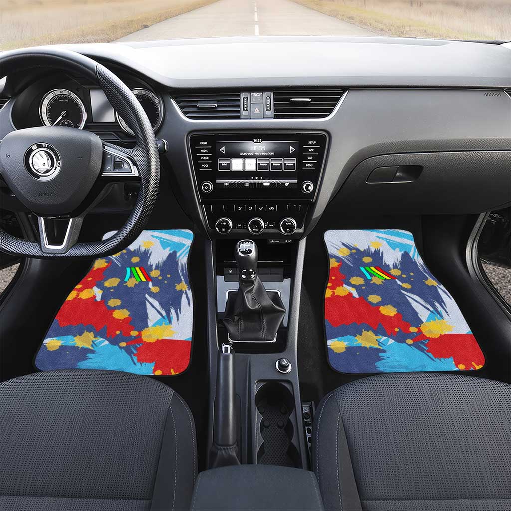 Dude I Said Friendly Graphic Car Mats with Gold Paint Splatter and Retro Stripes