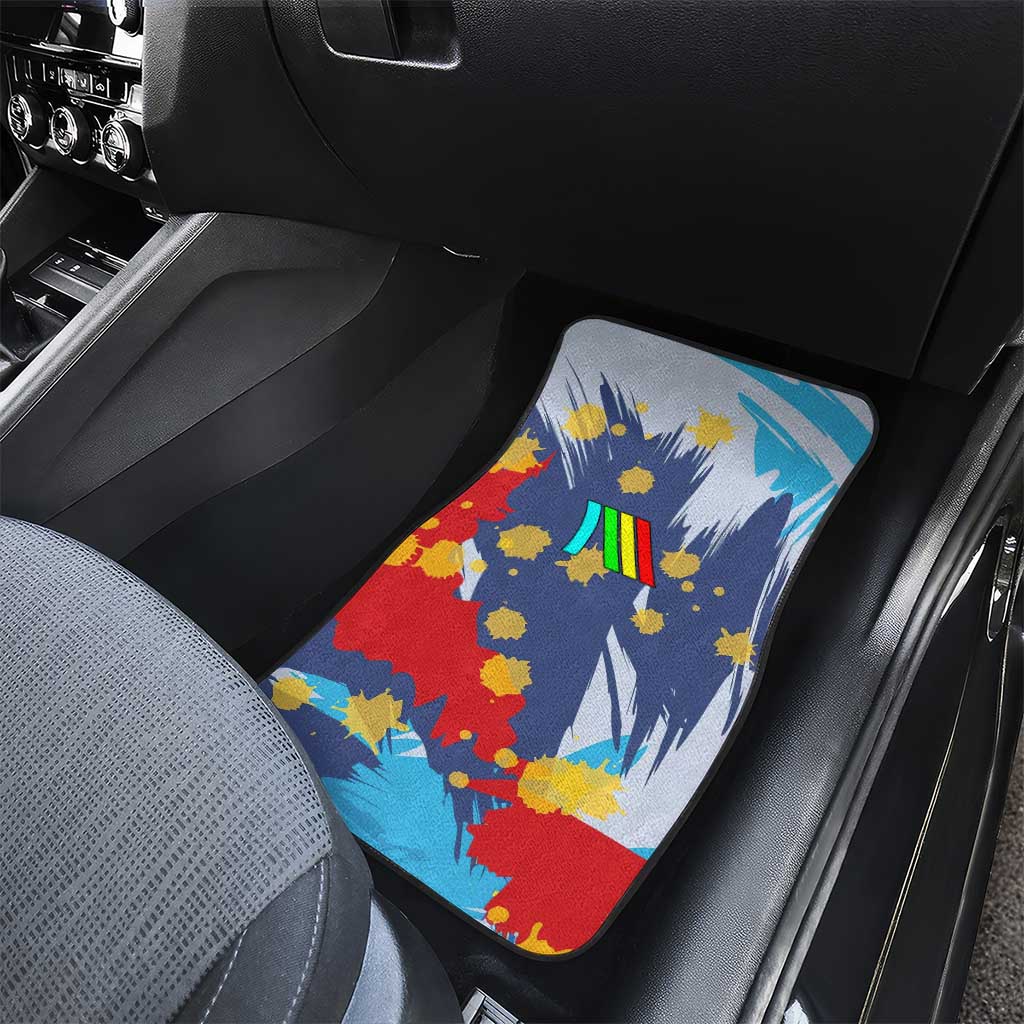 Dude I Said Friendly Graphic Car Mats with Gold Paint Splatter and Retro Stripes
