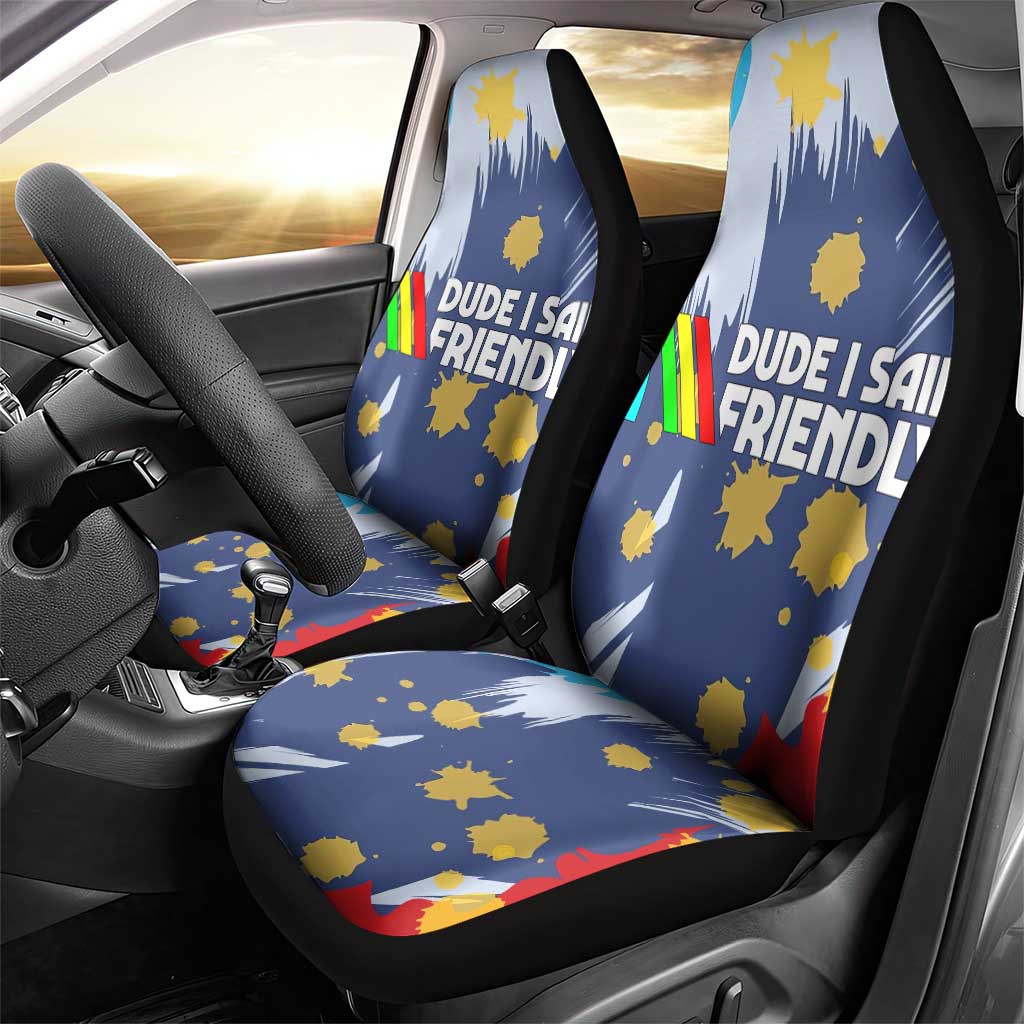 Dude I Said Friendly Graphic Car Seat Cover with Gold Paint Splatter and Retro Stripes