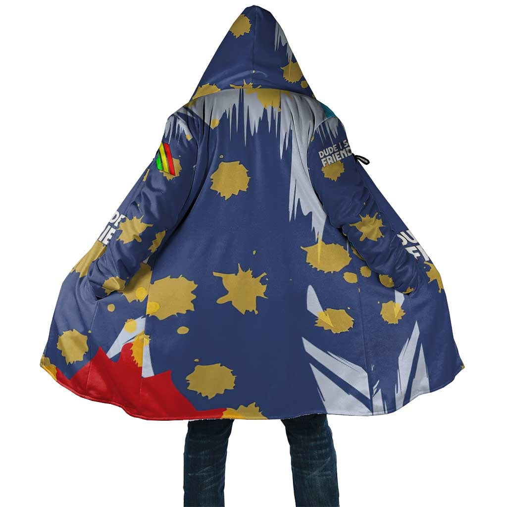 Dude I Said Friendly Graphic Cloak with Gold Paint Splatter and Retro Stripes