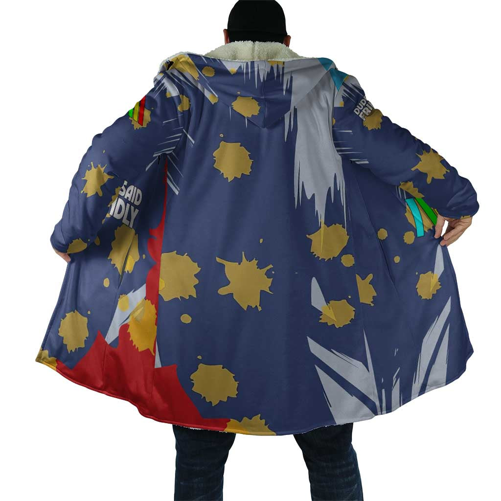 Dude I Said Friendly Graphic Cloak with Gold Paint Splatter and Retro Stripes