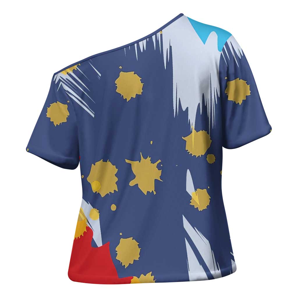 Dude I Said Friendly Graphic Cross Shoulder Shirt with Gold Paint Splatter and Retro Stripes