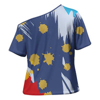 Dude I Said Friendly Graphic Cross Shoulder Shirt with Gold Paint Splatter and Retro Stripes