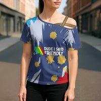 Dude I Said Friendly Graphic Cross Shoulder Shirt with Gold Paint Splatter and Retro Stripes