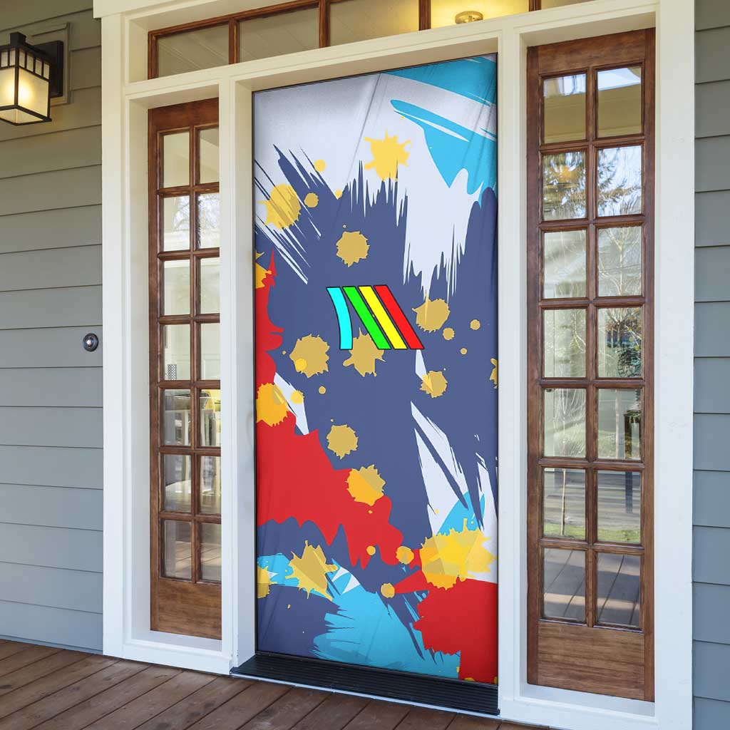 Dude I Said Friendly Graphic Door Cover with Gold Paint Splatter and Retro Stripes