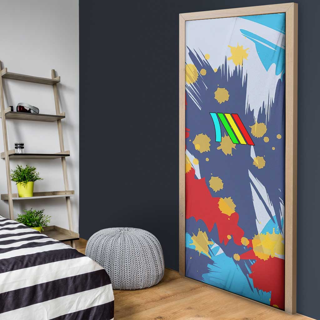 Dude I Said Friendly Graphic Door Cover with Gold Paint Splatter and Retro Stripes