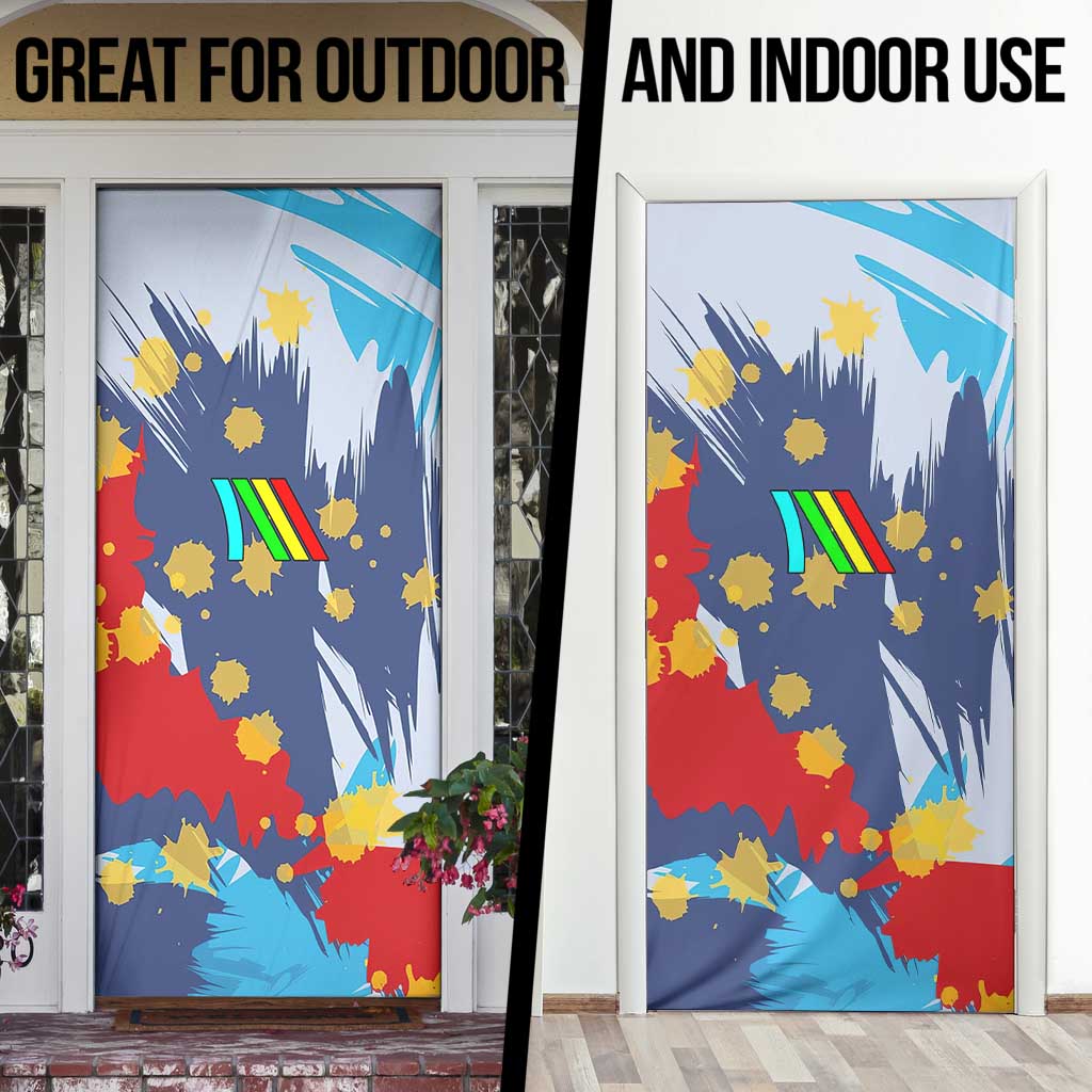 Dude I Said Friendly Graphic Door Cover with Gold Paint Splatter and Retro Stripes
