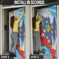 Dude I Said Friendly Graphic Door Cover with Gold Paint Splatter and Retro Stripes
