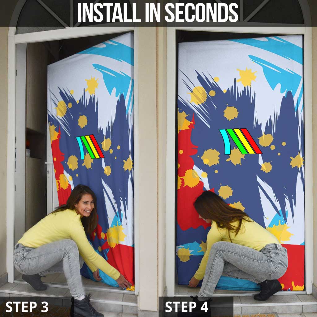 Dude I Said Friendly Graphic Door Cover with Gold Paint Splatter and Retro Stripes