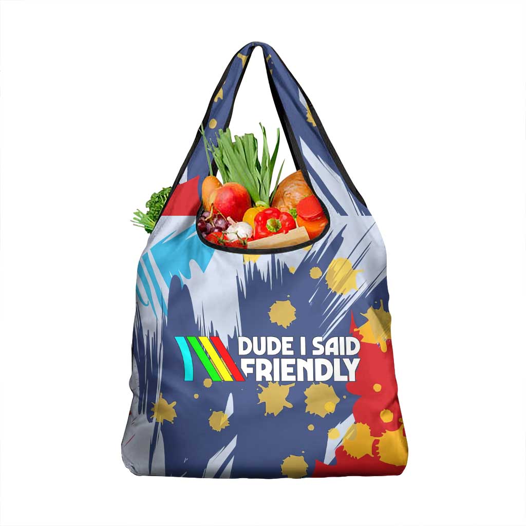 Dude I Said Friendly Graphic Grocery Bag with Gold Paint Splatter and Retro Stripes