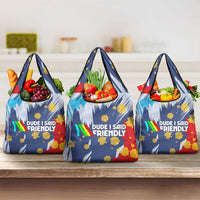 Dude I Said Friendly Graphic Grocery Bag with Gold Paint Splatter and Retro Stripes