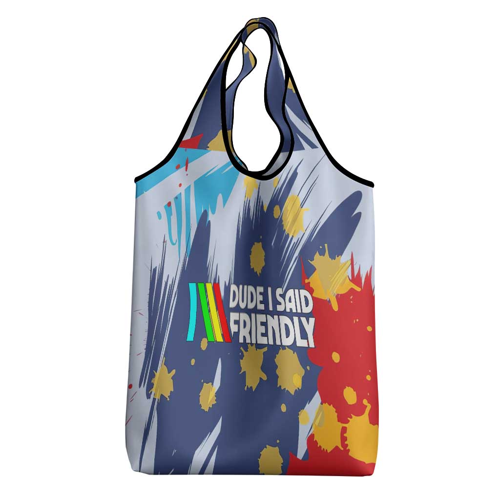 Dude I Said Friendly Graphic Grocery Bag with Gold Paint Splatter and Retro Stripes