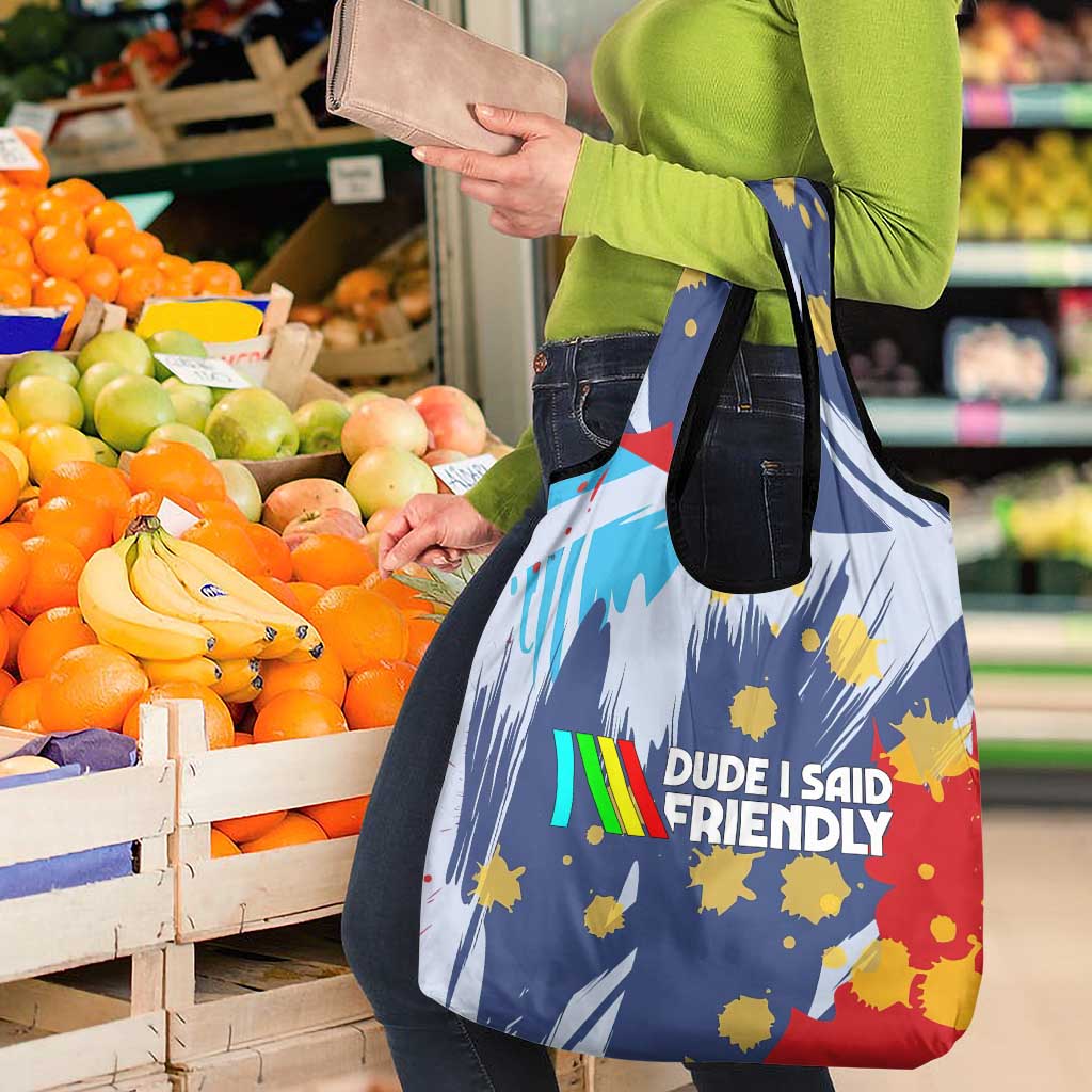 Dude I Said Friendly Graphic Grocery Bag with Gold Paint Splatter and Retro Stripes