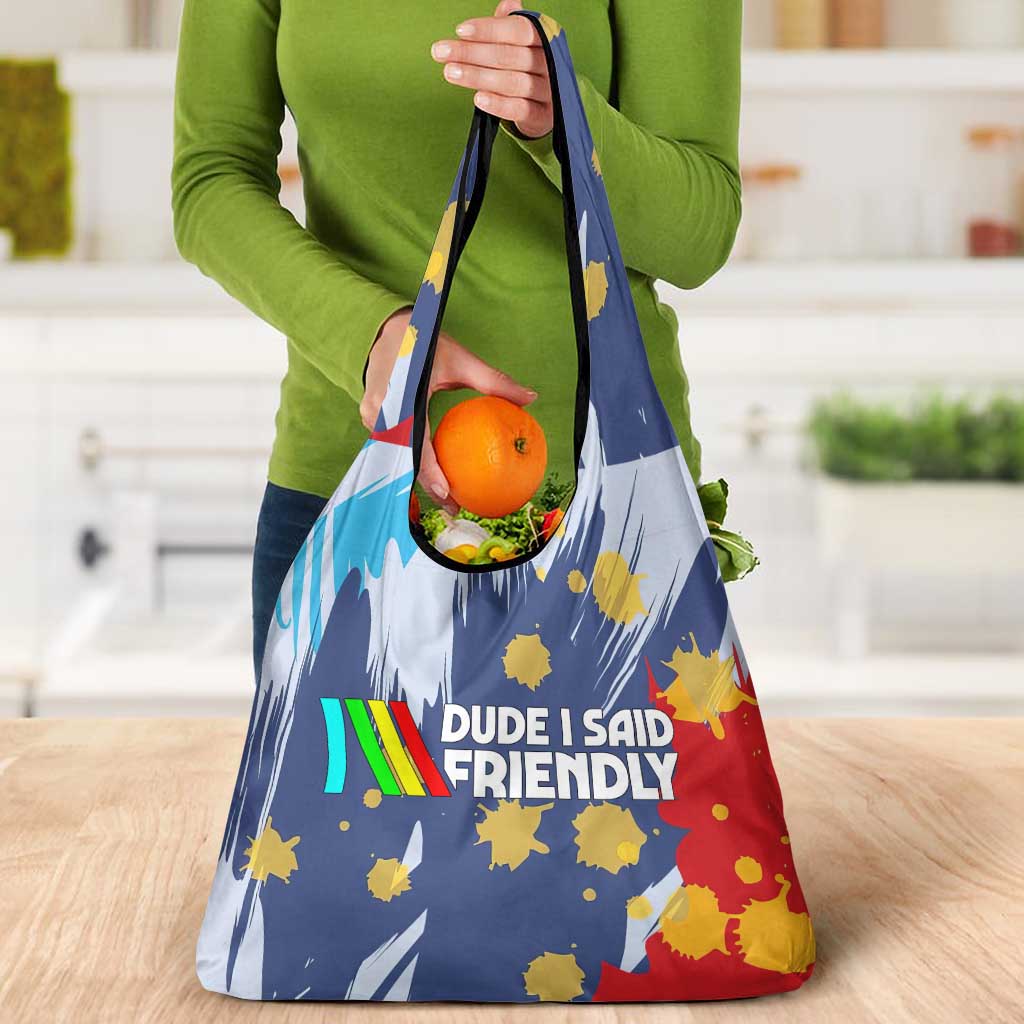 Dude I Said Friendly Graphic Grocery Bag with Gold Paint Splatter and Retro Stripes