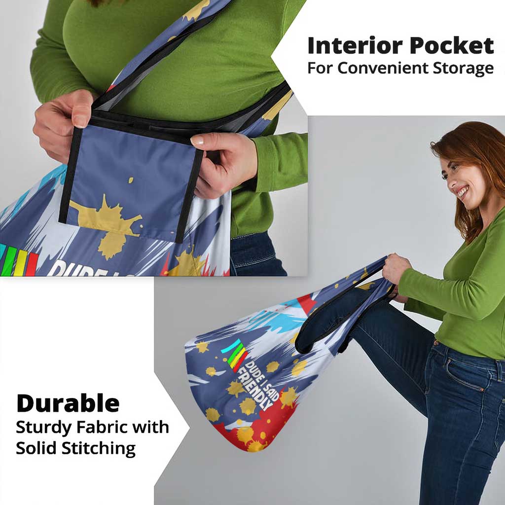 Dude I Said Friendly Graphic Grocery Bag with Gold Paint Splatter and Retro Stripes