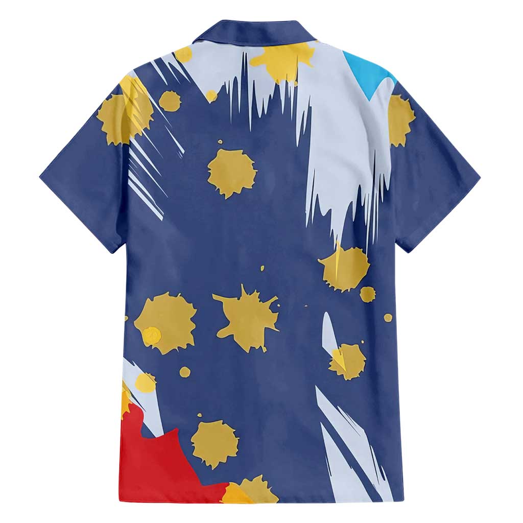 Dude I Said Friendly Graphic Hawaiian Shirt with Gold Paint Splatter and Retro Stripes