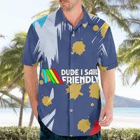 Dude I Said Friendly Graphic Hawaiian Shirt with Gold Paint Splatter and Retro Stripes