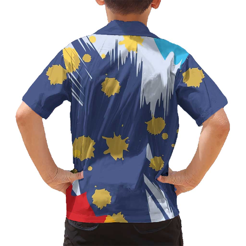Dude I Said Friendly Graphic Hawaiian Shirt with Gold Paint Splatter and Retro Stripes