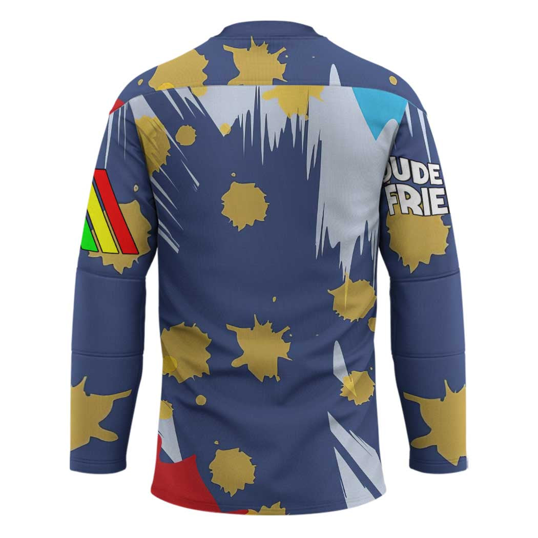 Dude I Said Friendly Graphic Hockey Jersey with Gold Paint Splatter and Retro Stripes