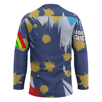Dude I Said Friendly Graphic Hockey Jersey with Gold Paint Splatter and Retro Stripes