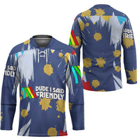 Dude I Said Friendly Graphic Hockey Jersey with Gold Paint Splatter and Retro Stripes
