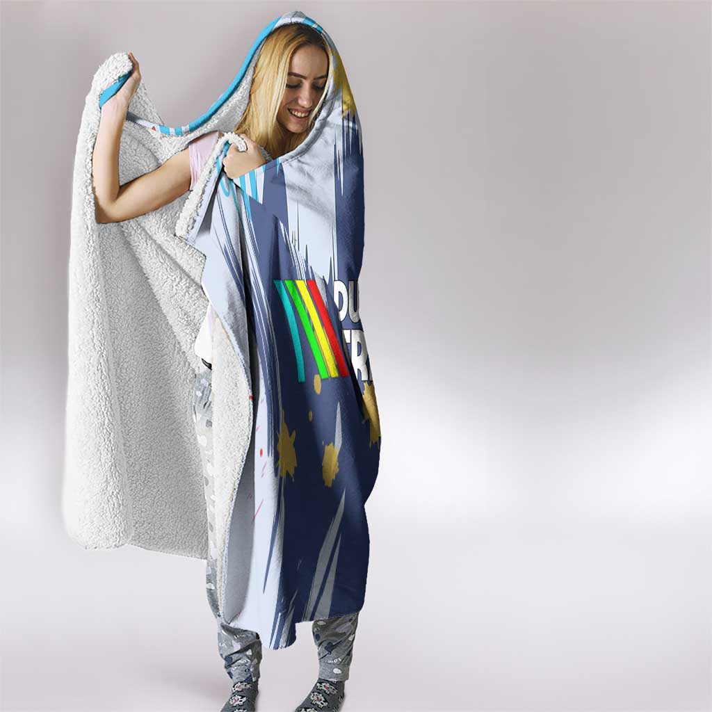 Dude I Said Friendly Graphic Hooded Blanket with Gold Paint Splatter and Retro Stripes