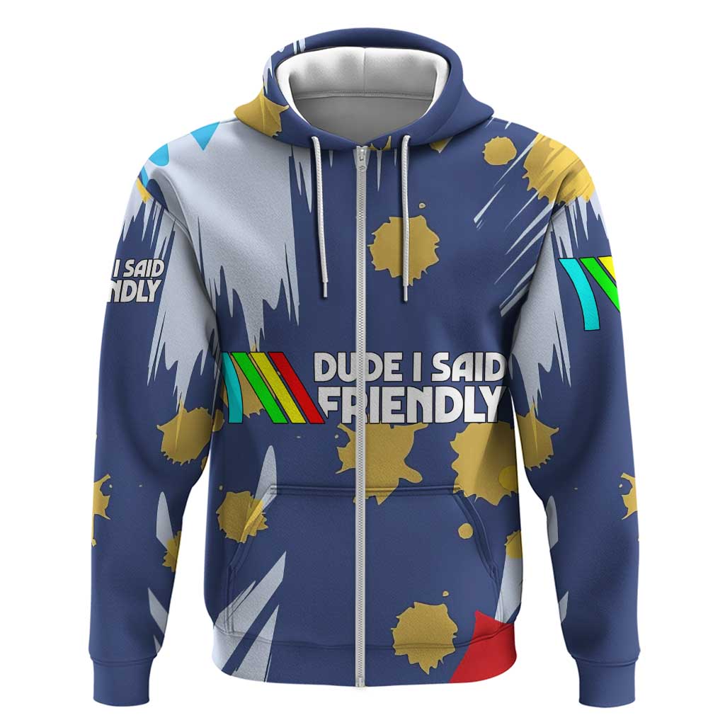 Dude I Said Friendly Graphic Hoodie with Gold Paint Splatter and Retro Stripes