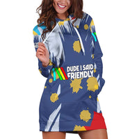 Dude I Said Friendly Graphic Hoodie Dress with Gold Paint Splatter and Retro Stripes