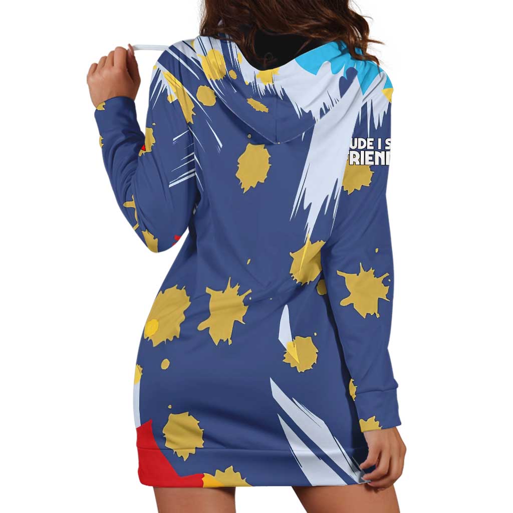 Dude I Said Friendly Graphic Hoodie Dress with Gold Paint Splatter and Retro Stripes