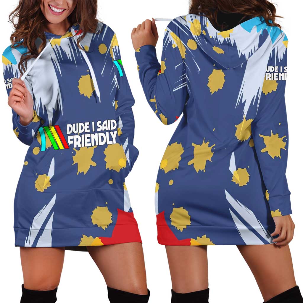 Dude I Said Friendly Graphic Hoodie Dress with Gold Paint Splatter and Retro Stripes