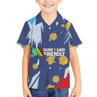 Dude I Said Friendly Graphic Kid Hawaiian Shirt with Gold Paint Splatter and Retro Stripes