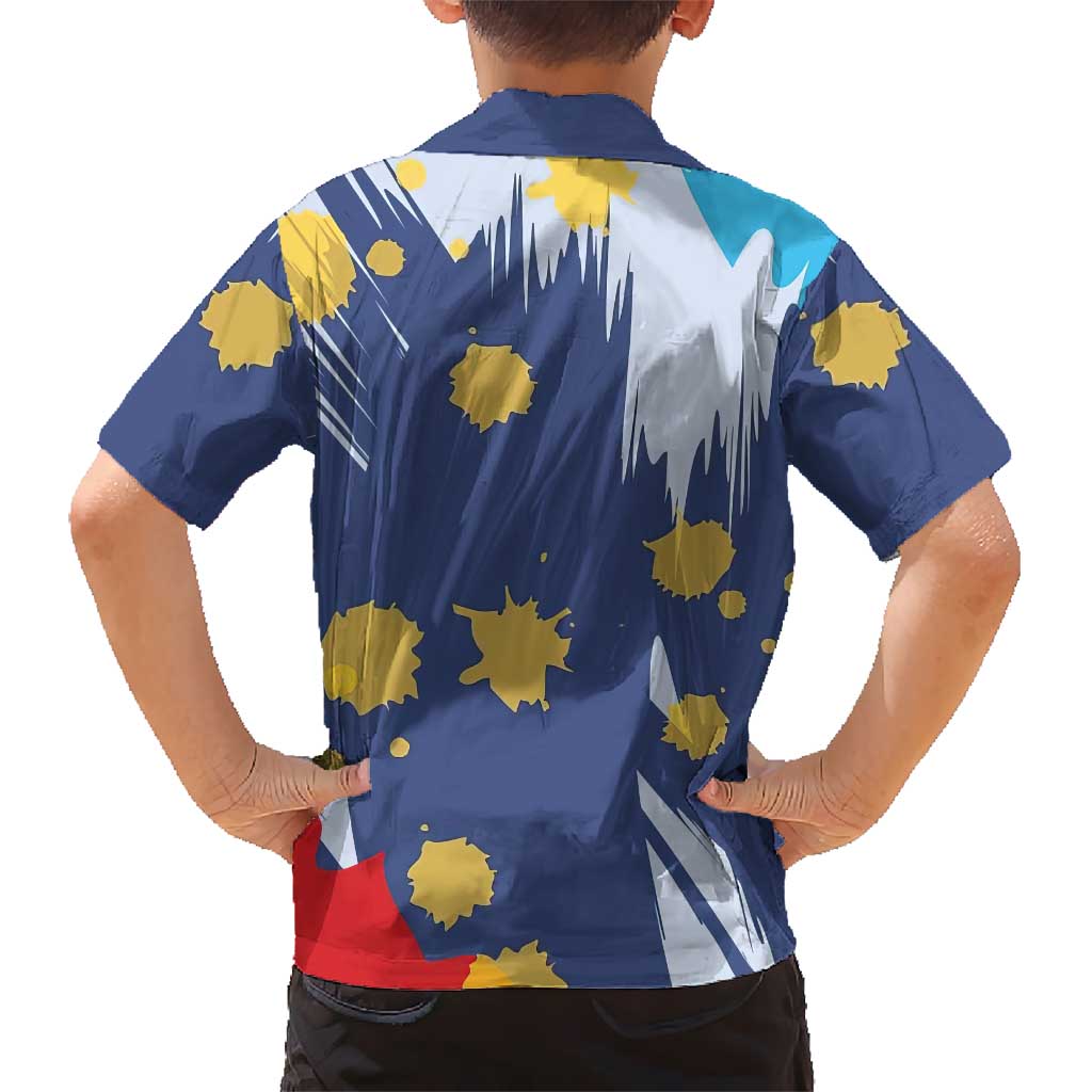 Dude I Said Friendly Graphic Kid Hawaiian Shirt with Gold Paint Splatter and Retro Stripes