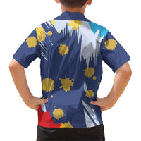 Dude I Said Friendly Graphic Kid Hawaiian Shirt with Gold Paint Splatter and Retro Stripes