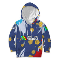 Dude I Said Friendly Graphic Kid Hoodie with Gold Paint Splatter and Retro Stripes