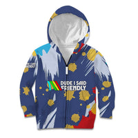 Dude I Said Friendly Graphic Kid Hoodie with Gold Paint Splatter and Retro Stripes
