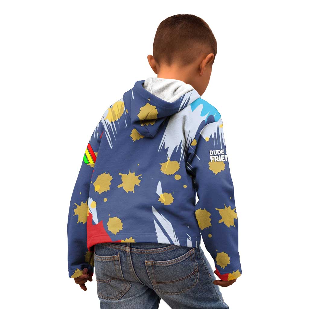 Dude I Said Friendly Graphic Kid Hoodie with Gold Paint Splatter and Retro Stripes