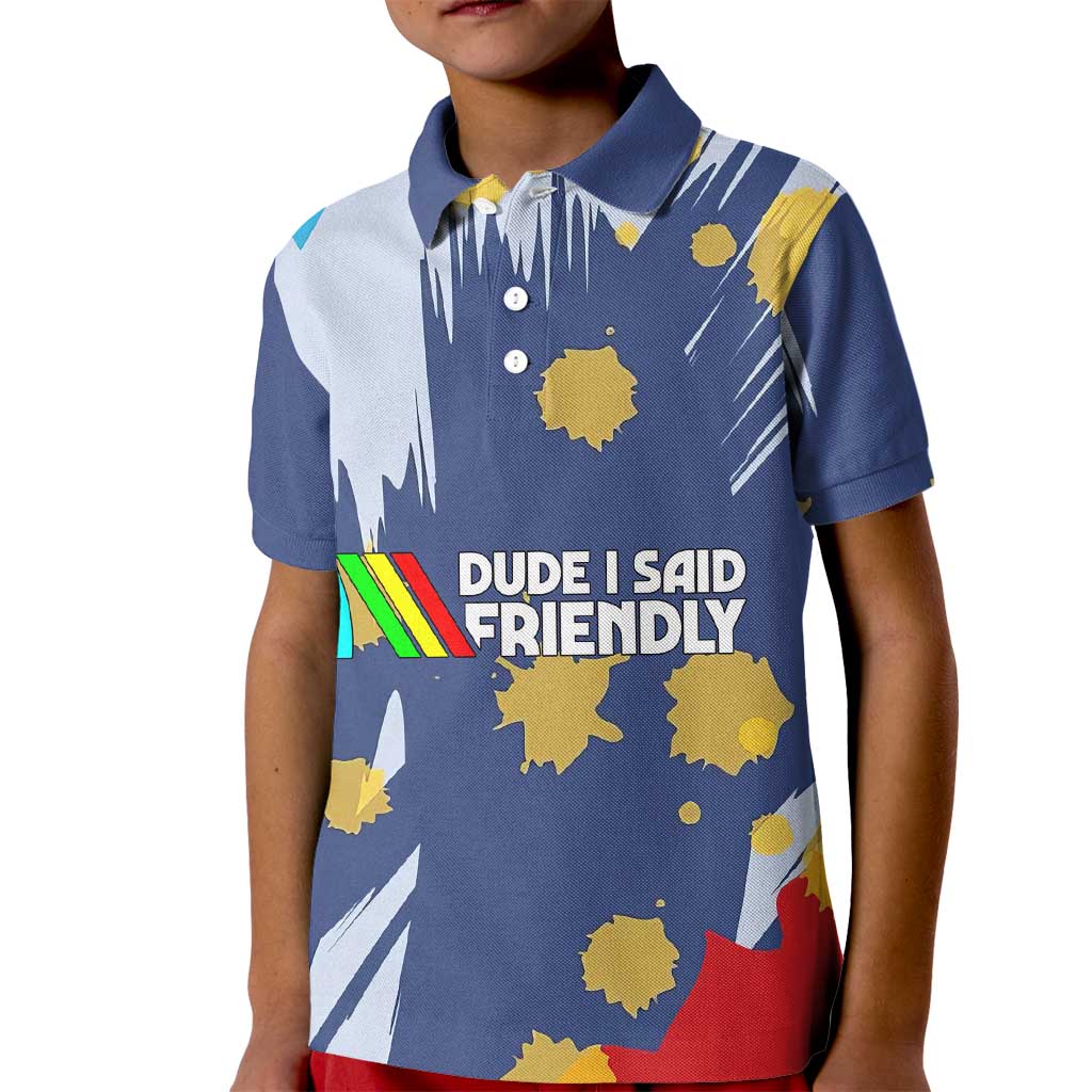 Dude I Said Friendly Graphic Kid Polo Shirt with Gold Paint Splatter and Retro Stripes