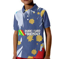 Dude I Said Friendly Graphic Kid Polo Shirt with Gold Paint Splatter and Retro Stripes