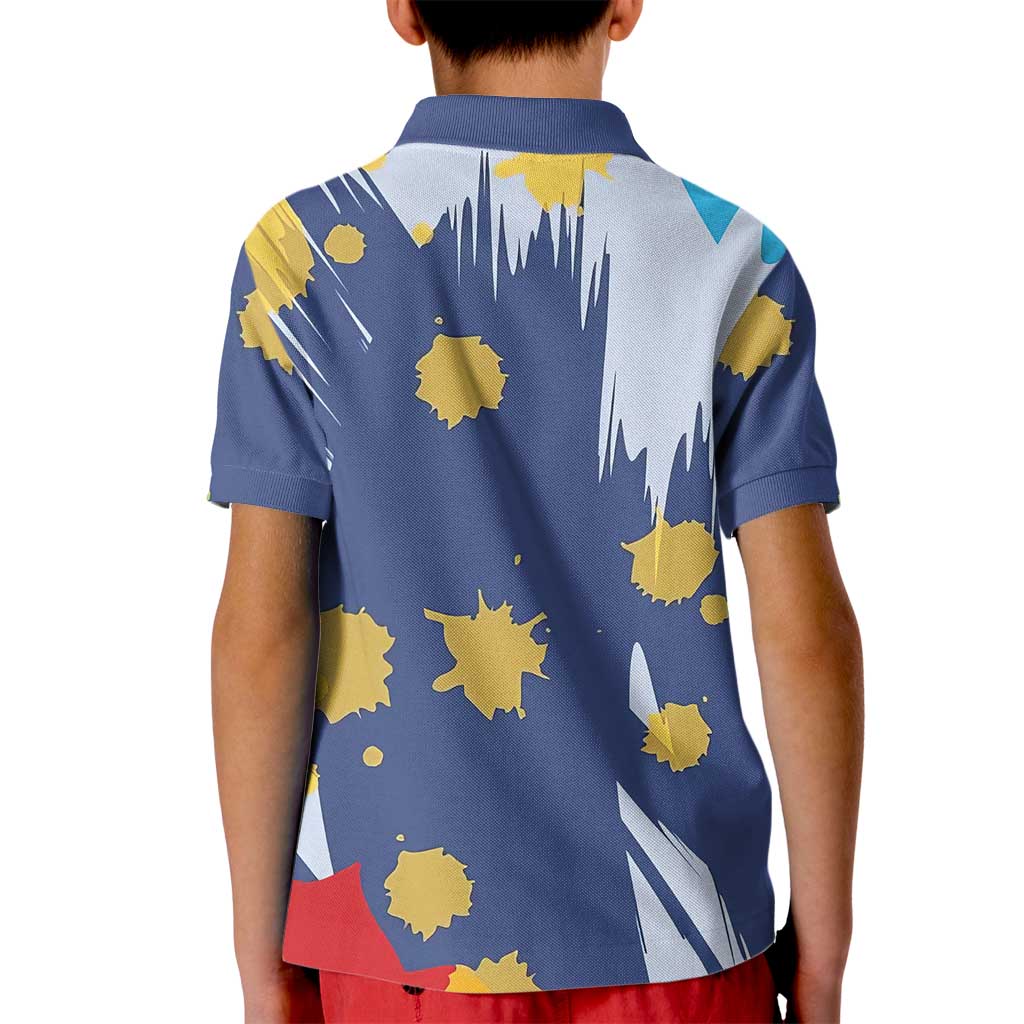Dude I Said Friendly Graphic Kid Polo Shirt with Gold Paint Splatter and Retro Stripes