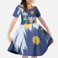 Dude I Said Friendly Graphic Kid Short Sleeve Dress with Gold Paint Splatter and Retro Stripes