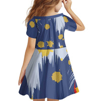 Dude I Said Friendly Graphic Kid Short Sleeve Dress with Gold Paint Splatter and Retro Stripes