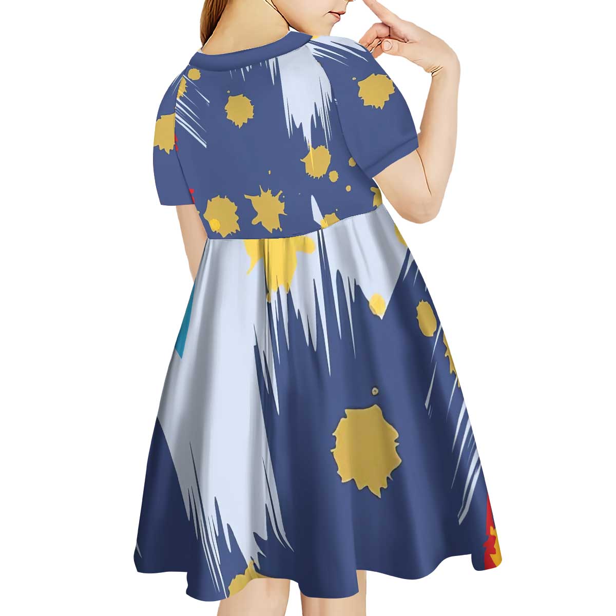 Dude I Said Friendly Graphic Kid Short Sleeve Dress with Gold Paint Splatter and Retro Stripes