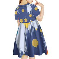 Dude I Said Friendly Graphic Kid Short Sleeve Dress with Gold Paint Splatter and Retro Stripes