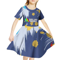 Dude I Said Friendly Graphic Kid Short Sleeve Dress with Gold Paint Splatter and Retro Stripes
