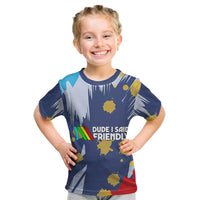 Dude I Said Friendly Graphic Kid T Shirt with Gold Paint Splatter and Retro Stripes